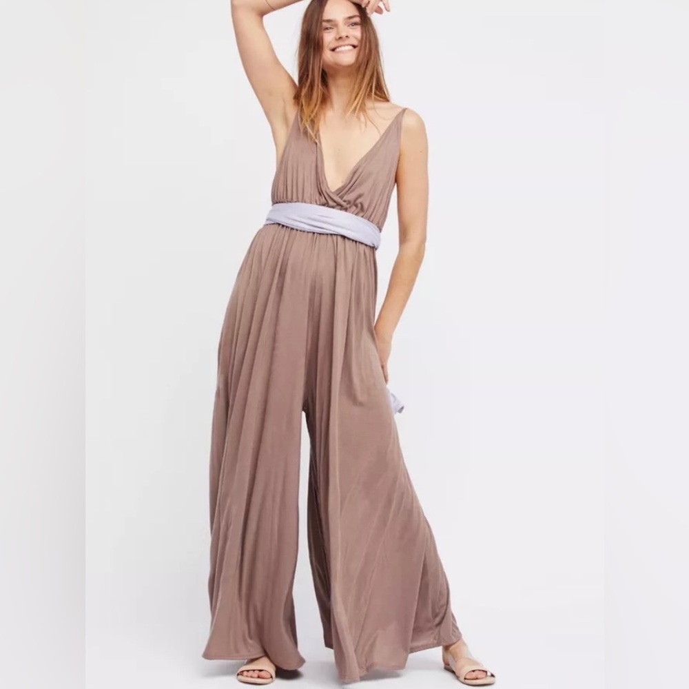 Free People Heatwave Flowy Wide Leg Jumpsuit Toffee Combo Size Small